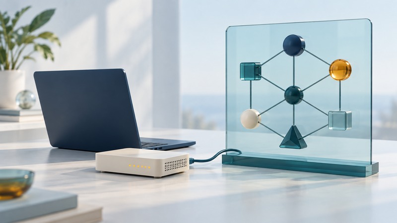 A navy laptop and ivory network device connect conceptually to geometric network nodes on a teal glass panel.
