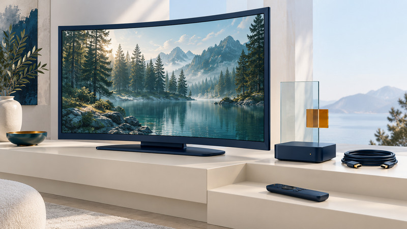 A curved navy television shows a forest lake beside a separate connection box, unplugged cable and remote.