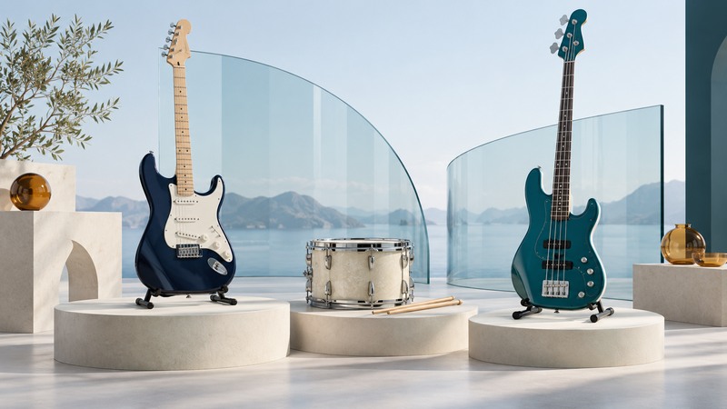 Navy electric guitar, teal bass guitar, and a snare drum on ivory platforms separated by glass.