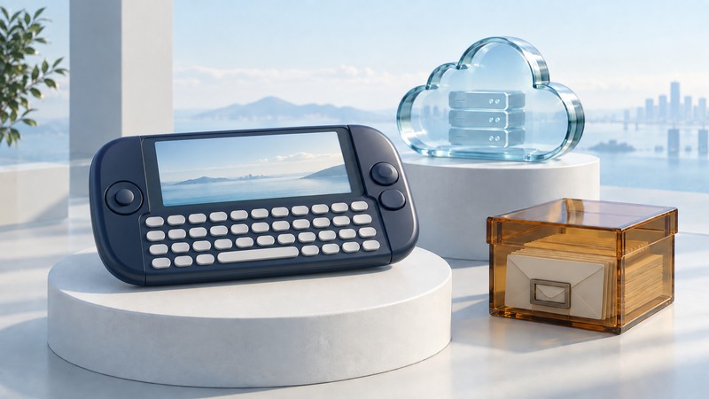 A conceptual landscape messaging handheld with a physical keyboard sits beside a glass cloud and amber archive box.