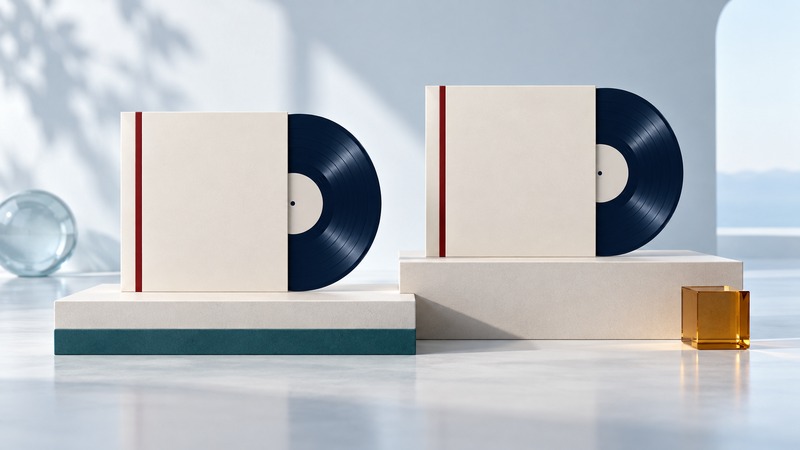 Two navy records in ivory sleeves with muted red accents on separate comparison platforms.