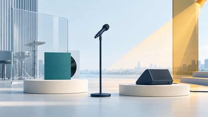 Navy stage microphone between a teal record sleeve and a compact stage monitor on ivory platforms.