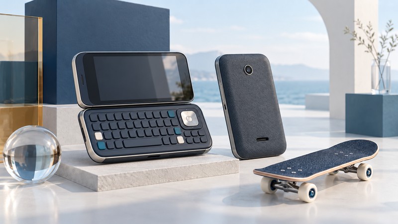 A conceptual swivel messaging handset is displayed beside a textured cover and miniature skateboard.