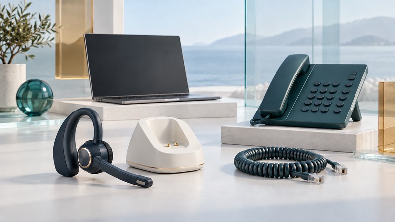 A navy single-ear headset and ivory charging base sit beside a teal desk phone, laptop, and separate coiled cable.