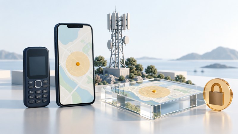 A feature phone and smartphone stand by a cellular tower, glass map and amber lock token.