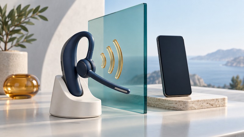 A navy single-ear headset on an ivory cradle faces sculptural sound arcs, with a phone behind teal glass.