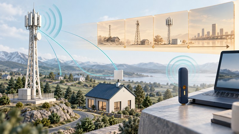A rural communications tower faces a rooftop receiver and laptop modem beside a conceptual amber timeline.
