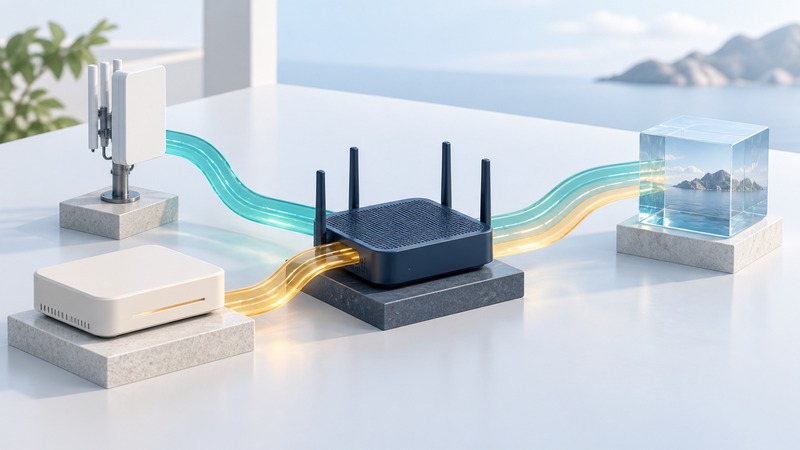 Teal and amber paths connect two access devices to a central router and a glass remote endpoint.