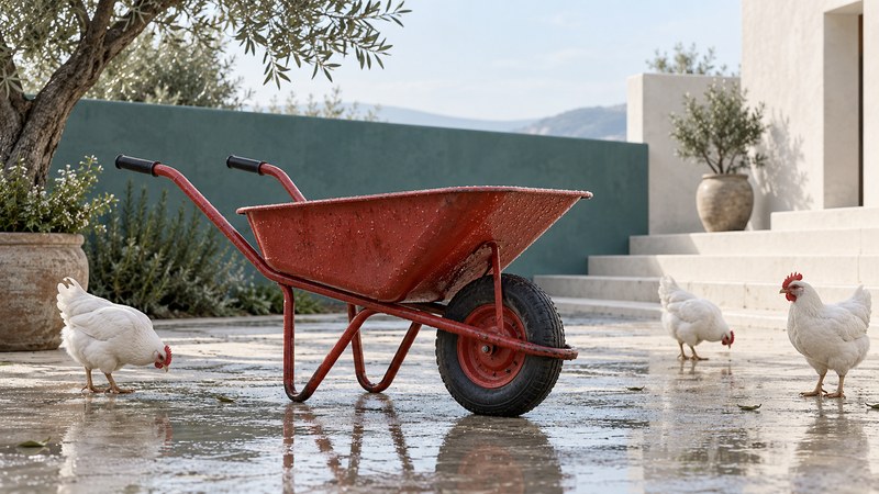 A red wheelbarrow after rain beside white chickens.