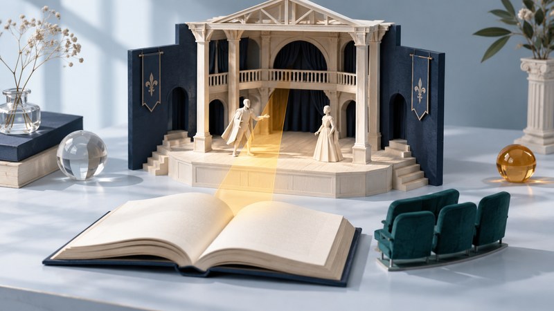 An open book faces a miniature ivory theater with two figures and an amber beam of light.
