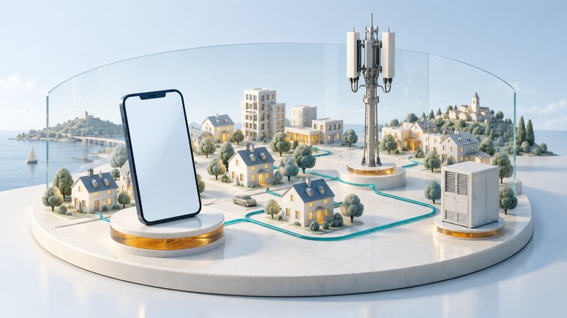 A miniature town, radio mast, mobile terminal and equipment cabinet share an ivory architectural model with teal connection paths.
