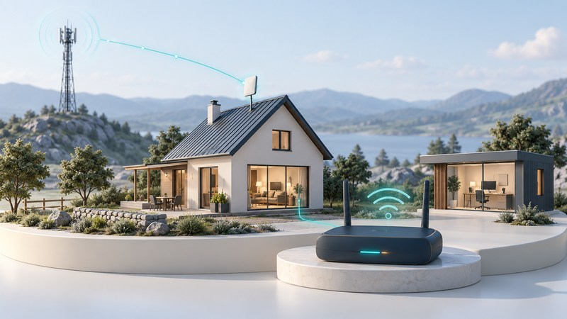 A miniature rural house and office receive a conceptual wireless link from a tower, with an indoor router shown separately.