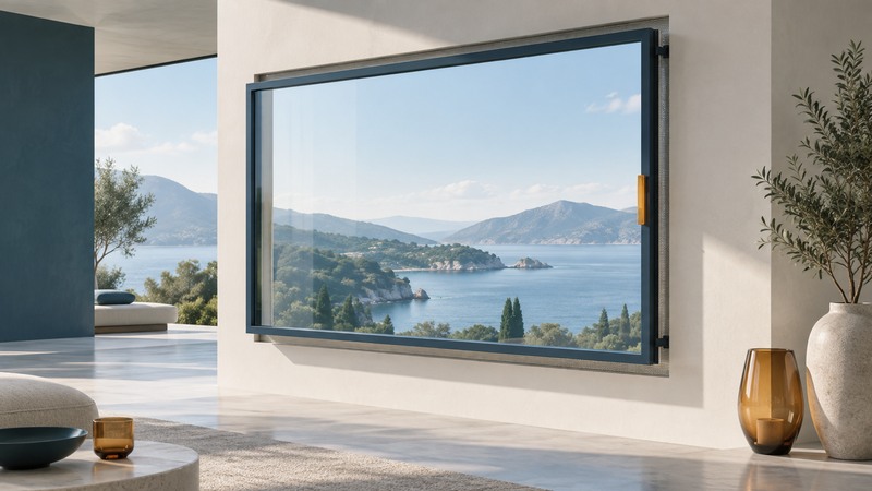 A large picture-window sash projects evenly from an ivory wall with a screened perimeter gap.