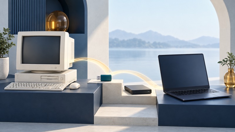 An ivory legacy desktop and navy modern laptop stand beside a USB radio adapter and external drive.