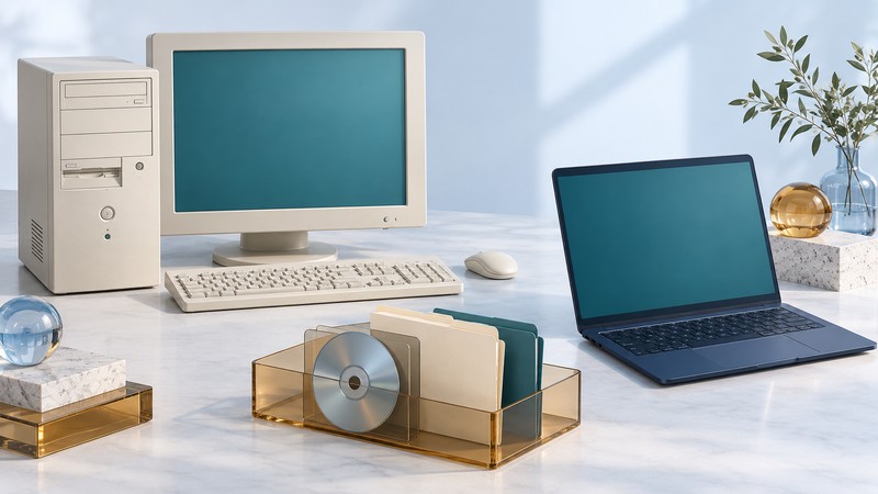 An ivory early desktop computer stands beside a navy laptop and an archival tray with folders and an optical disk.