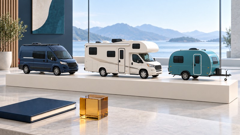A camper van, Class C motorhome and travel trailer displayed beside a notebook.