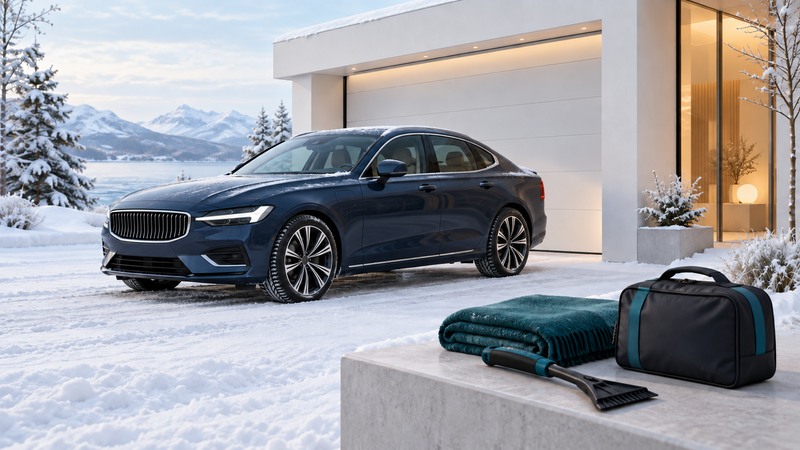 A navy car is parked beside a snowy garage with a blanket, scraper and emergency bag.