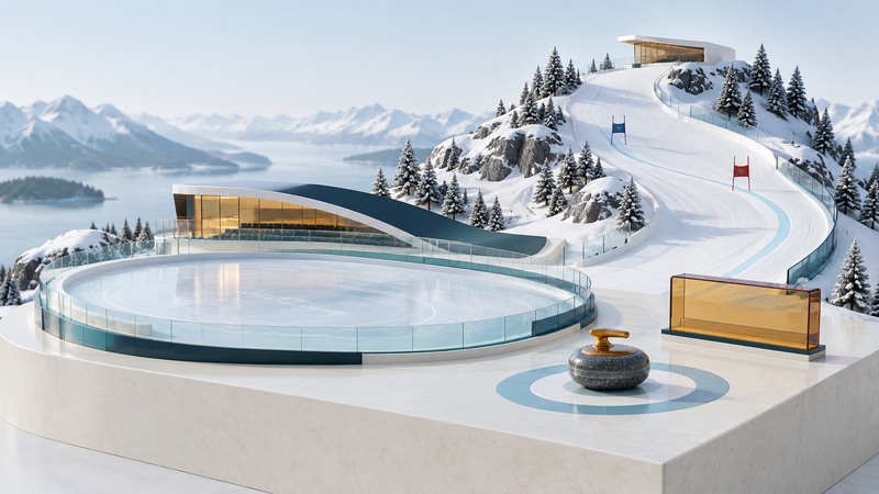 A conceptual miniature ice oval, mountain course, curling stone and blank timing panel.