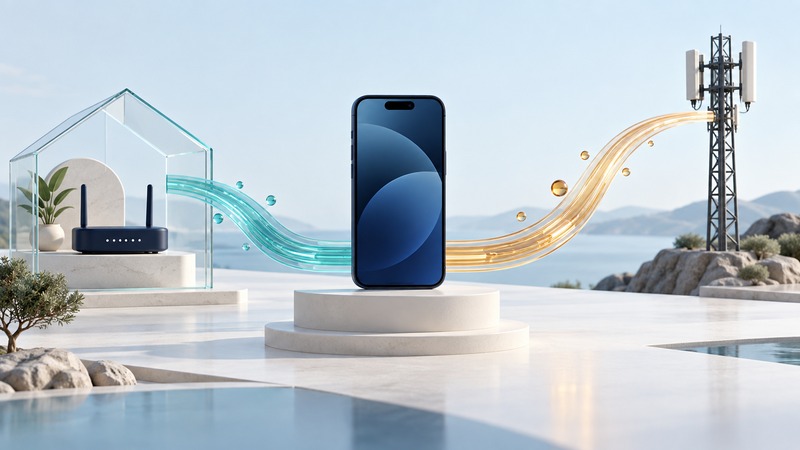 A navy phone stands between a router in a glass house and a cellular mast, connected by teal and amber glass paths.