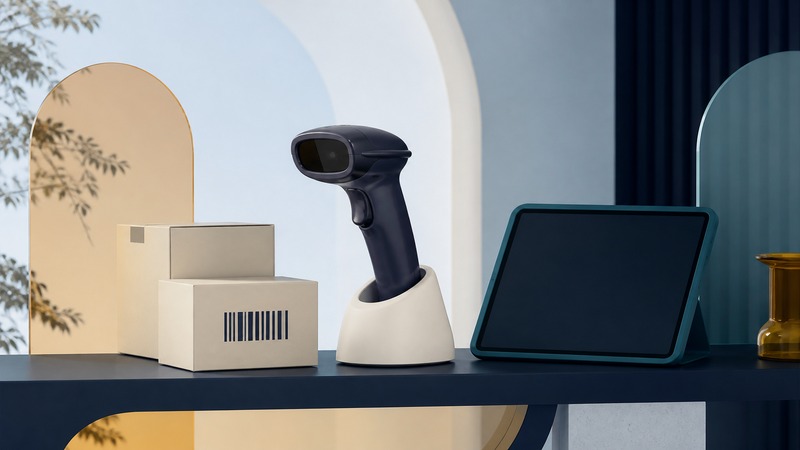 Navy barcode scanner in an ivory cradle beside inventory cartons with abstract bars and a blank-screen teal tablet.
