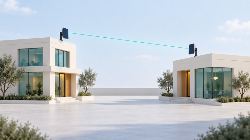 Two ivory buildings have facing directional radios and a thin teal path between them.