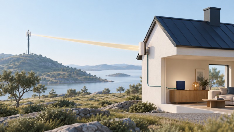 An outdoor receiver on an ivory house faces a distant communications mast and connects to an indoor gateway.