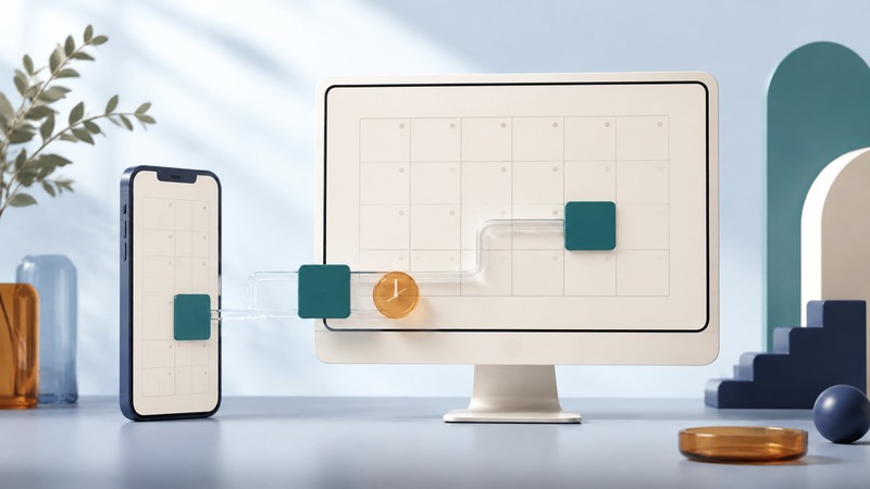 A phone and desktop display show matching calendar grids connected by a glass rail.