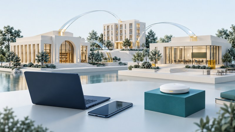 A laptop and phone sit beside a wireless access point and miniature campus buildings connected by glass arches.