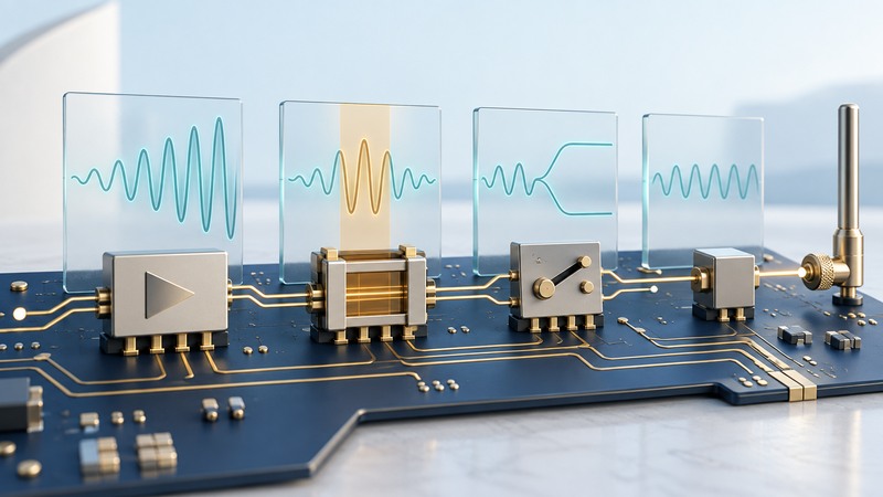 RF components and gold traces sit beneath glass panels illustrating amplifier, filter and switch concepts.