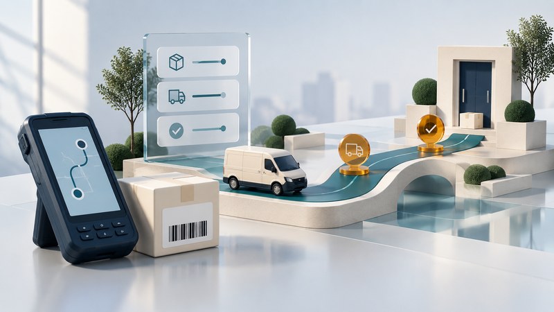 A delivery handheld and parcel sit beside a miniature van route ending at a doorway.