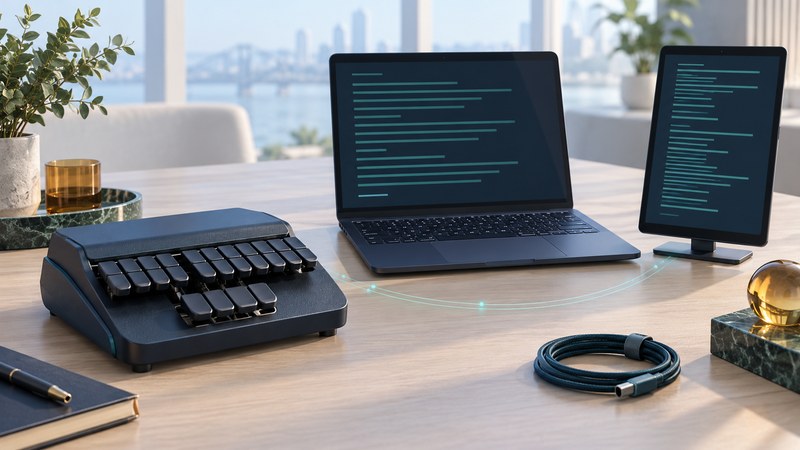 A compact stenotype machine, laptop and separate reading display share a desk beside a coiled spare cable.