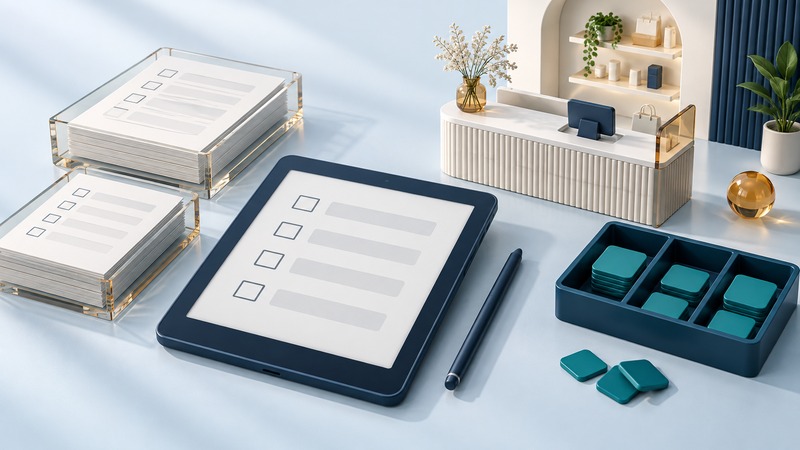 A survey tablet and stylus sit beside glass questionnaire stacks and a tray of response tiles.