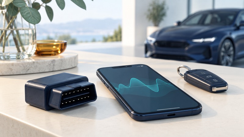 An unplugged diagnostic adapter lies beside a smartphone showing an abstract waveform.