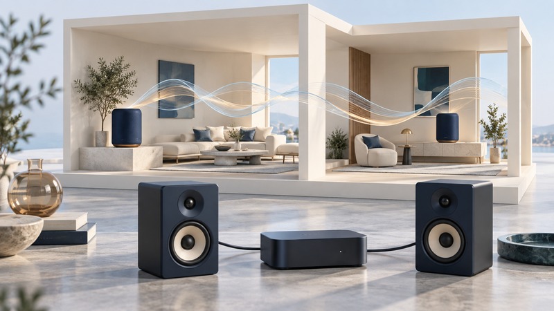 A navy network amplifier and two speakers sit before two miniature rooms joined by conceptual audio waves.