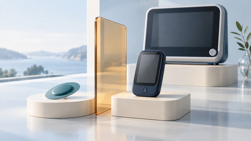 Conceptual adhesive monitor, pocket recorder and bedside display on separate platforms.