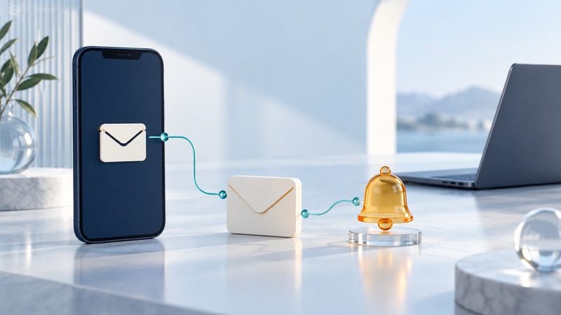 A navy phone, envelope tiles and an amber bell are linked beside a laptop.