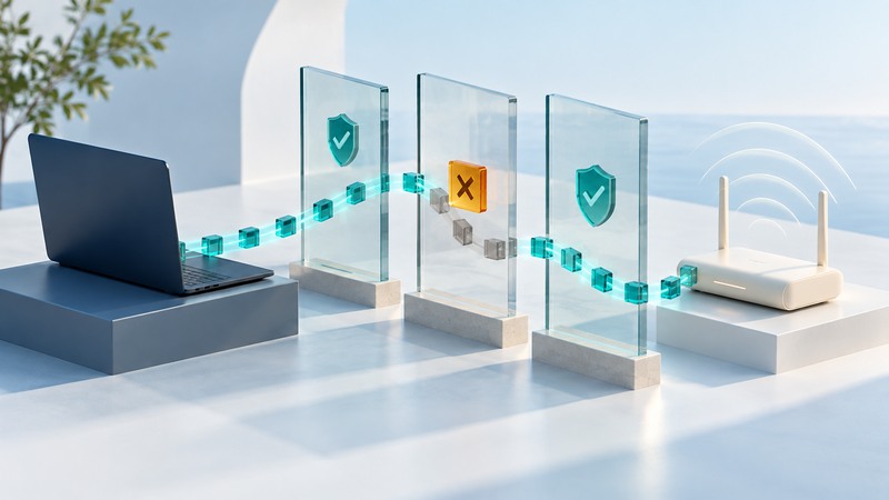 A laptop and wireless router connect through glass gates with teal packet blocks and an amber stop symbol.