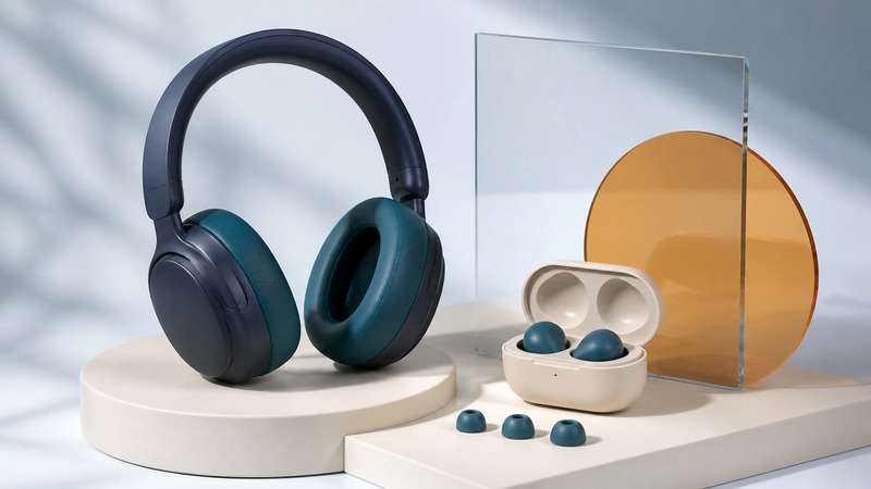Navy and teal over-ear headphones beside wireless earbuds, a charging case, and different ear-tip sizes.