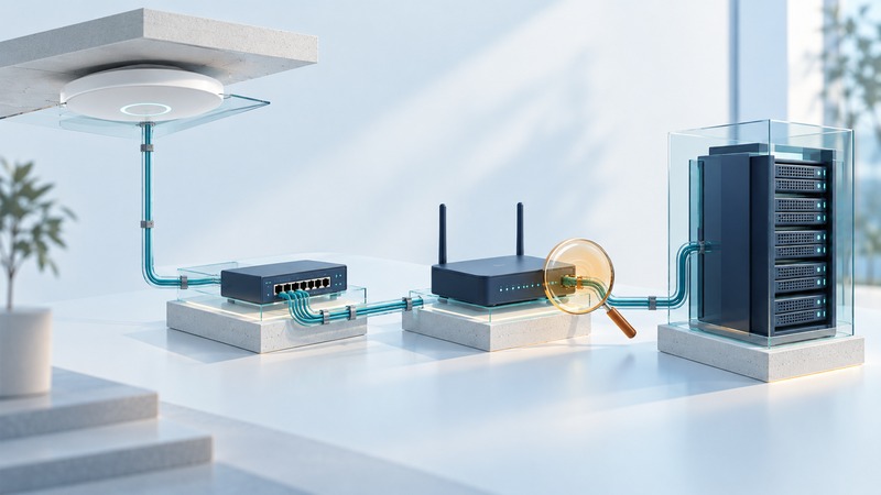 An access point, switch, router and server are linked across a tabletop, with an amber magnifier marking a connection.