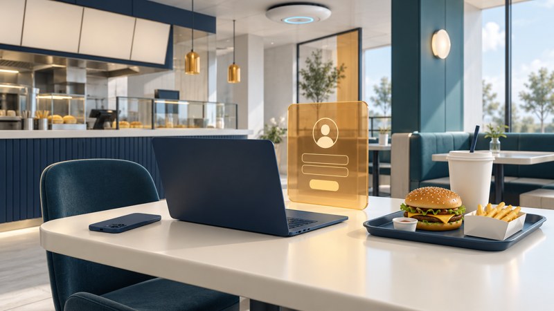 A restaurant table holds a laptop, phone and meal below an access point, with an amber glass sign-in panel.