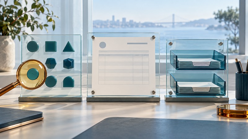 Glass panels show session tokens, a blank invoice and settlement trays, with an amber magnifier examining a repeated token.
