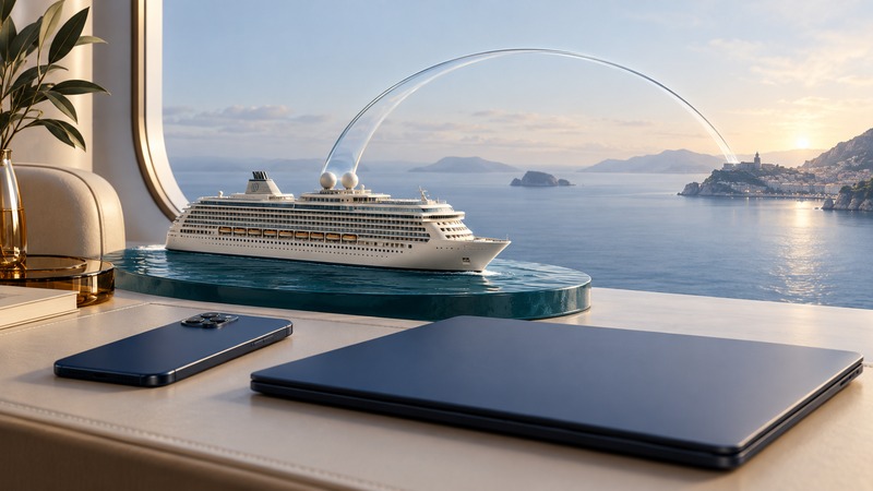 A miniature ivory cruise ship rests on a teal sea platform behind a phone and laptop, with conceptual connection arcs.