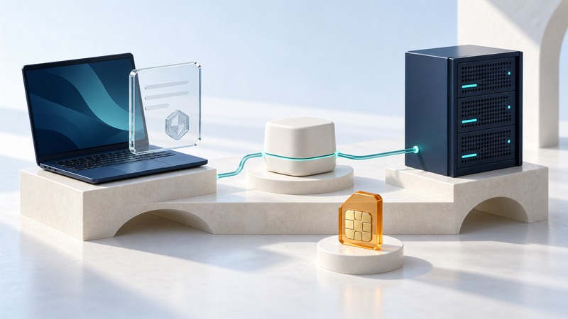 A laptop, access point and server are linked beside a glass certificate and amber SIM token.