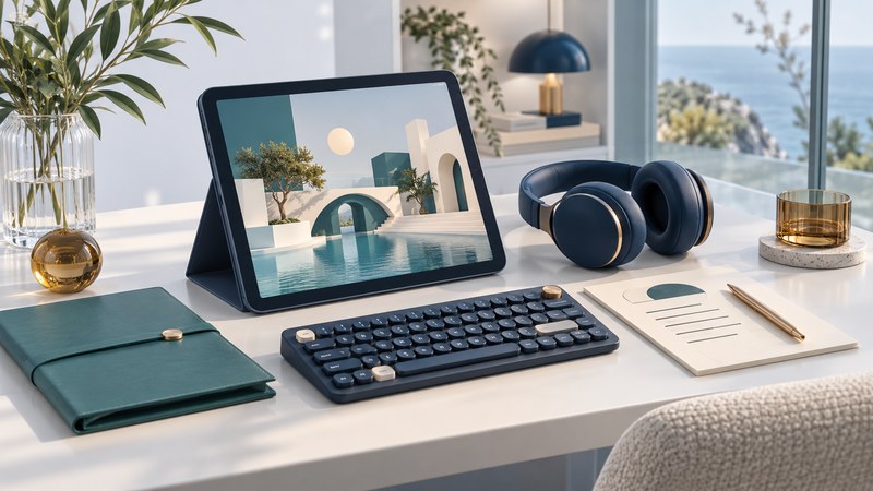 A tablet on a stand sits beside headphones, a compact keyboard, a paper worksheet and a teal folder.