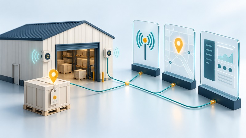 A tagged warehouse crate and sensors connect through three glass interface panels.