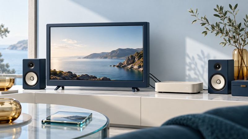 A television displaying a coastal photograph stands beside a media adapter and two speakers.