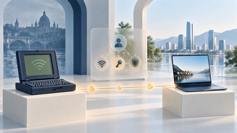 A vintage laptop and modern laptop flank a glass profile panel showing network, identity, key and shield symbols.