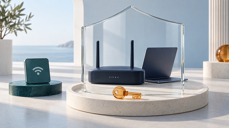 A navy router and laptop sit behind a glass shield beside an amber key and a separate guest-device tile.