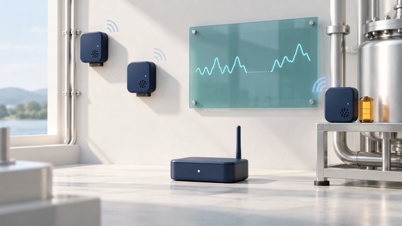 Wireless sensors and a gateway stand beside a glass time-series display with a gap.