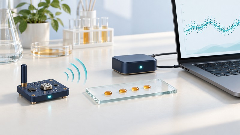 A sensor development board sends a conceptual signal to a receiver connected to a laptop.